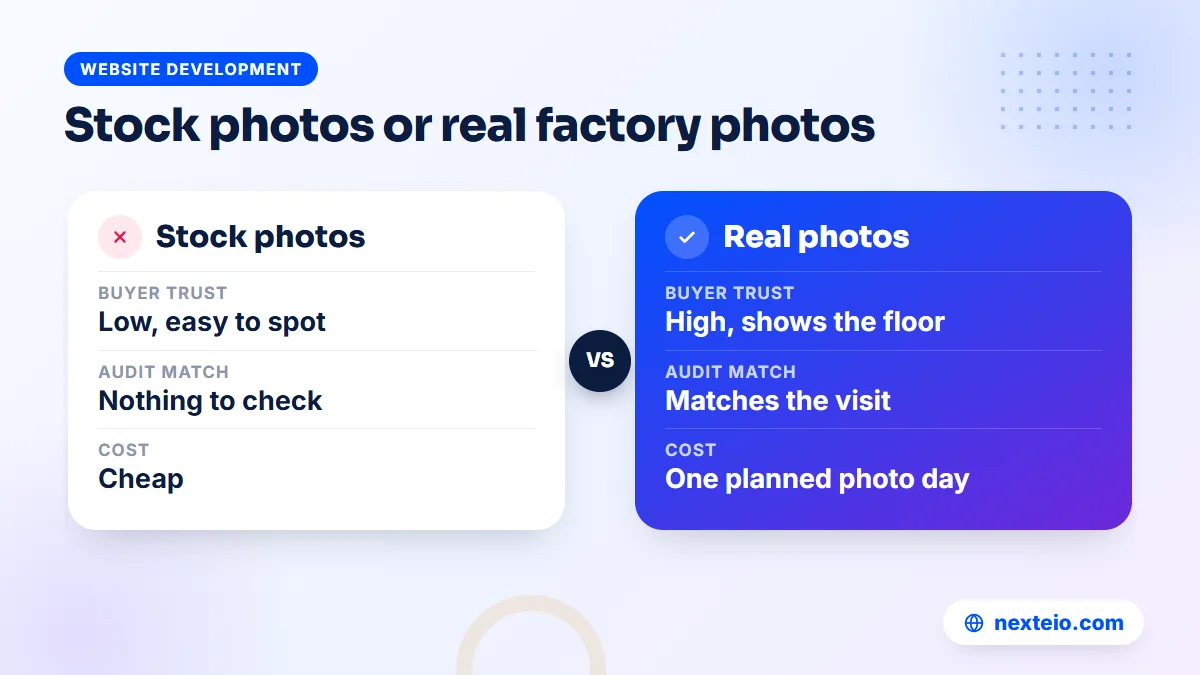 Comparison of stock photos and real factory photos on a manufacturer's website