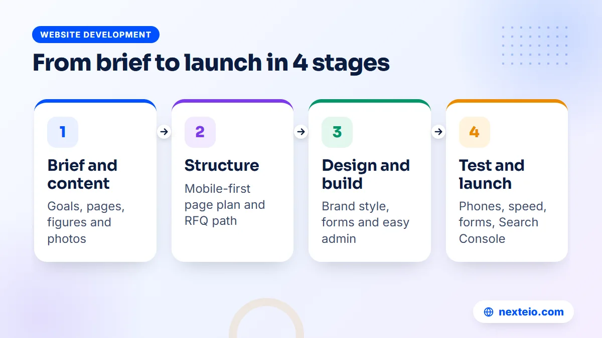 Four stages of a factory website project from brief and content to testing and launch