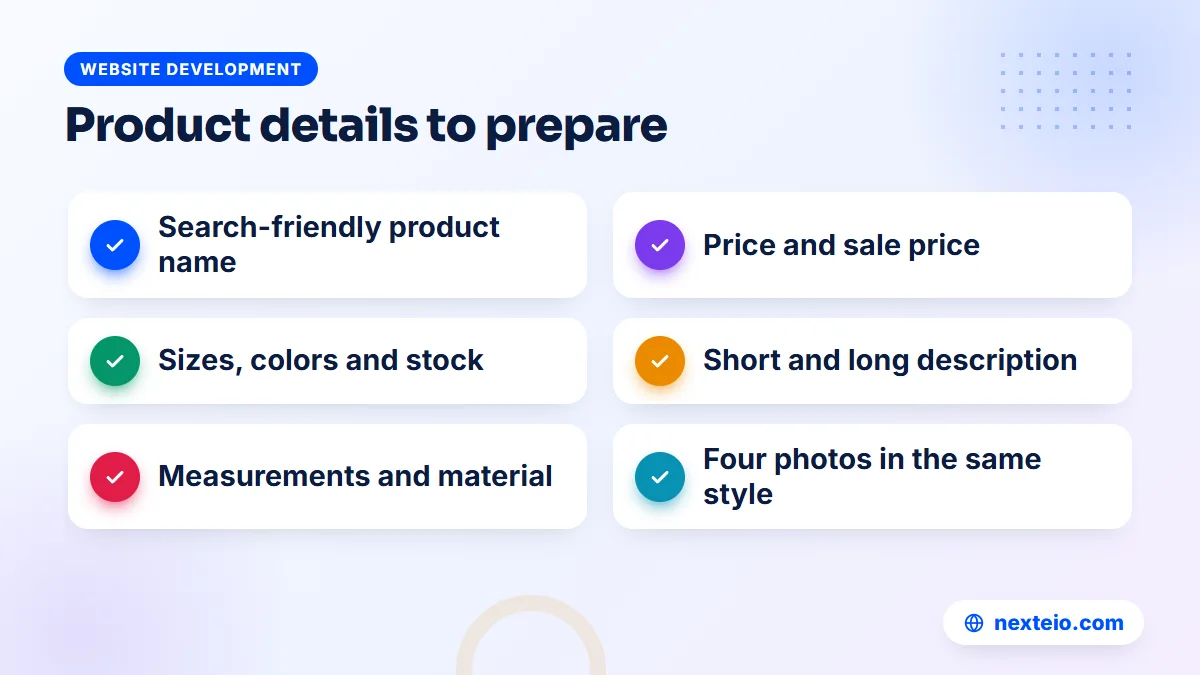 Checklist of product details to prepare before uploading products to a new online store