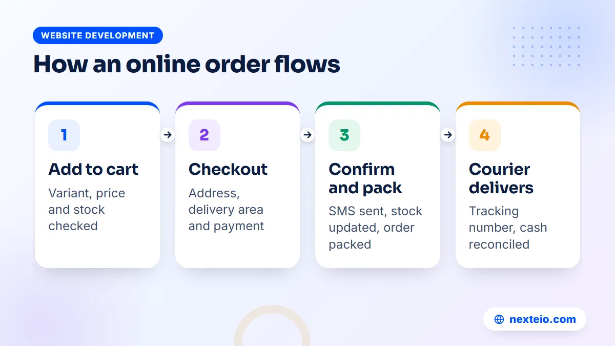 Four steps showing how an ecommerce website handles an order, from cart and checkout to courier delivery