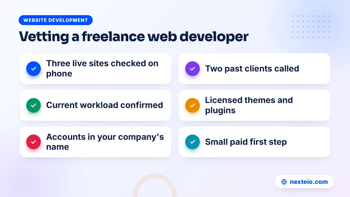 Checklist for vetting a freelance web developer before paying, from live sites to account ownership