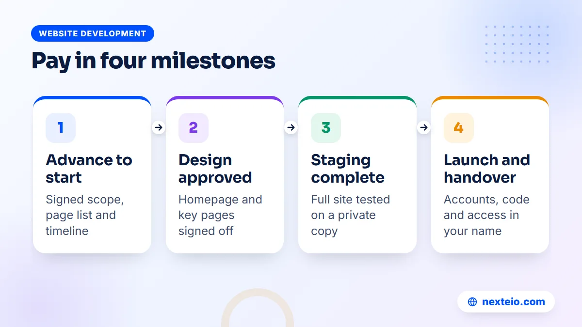 Four payment milestones for a company website project, from advance to launch and handover