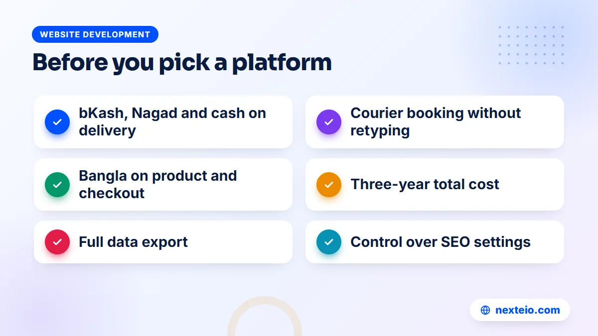 Checklist of what to compare when choosing between Shopify alternatives for a store in Bangladesh