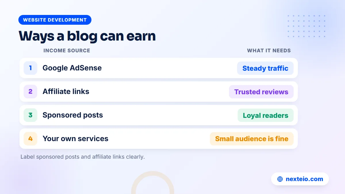 Table of the main ways a blog can earn money and what each one needs