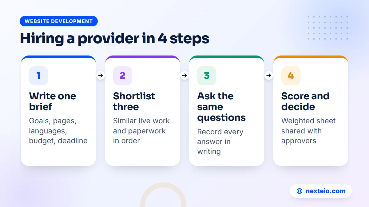 Four steps for hiring a website development company, from writing a brief to scoring the answers