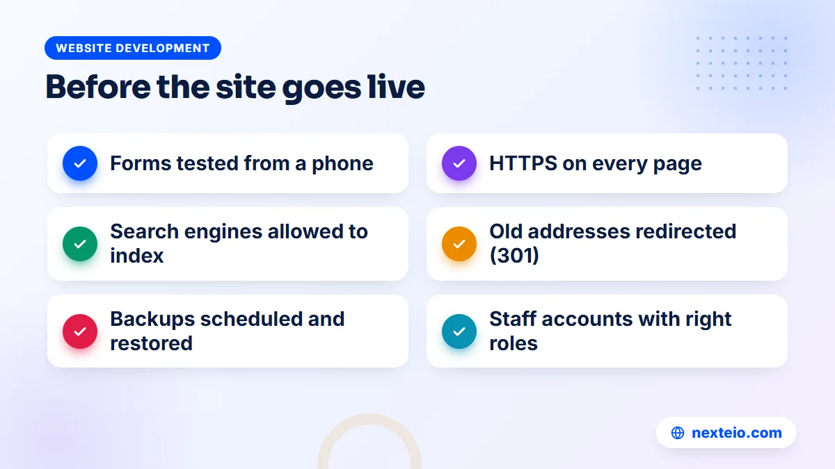 Pre-launch checklist for a company WordPress website covering forms, HTTPS, indexing, redirects and backups