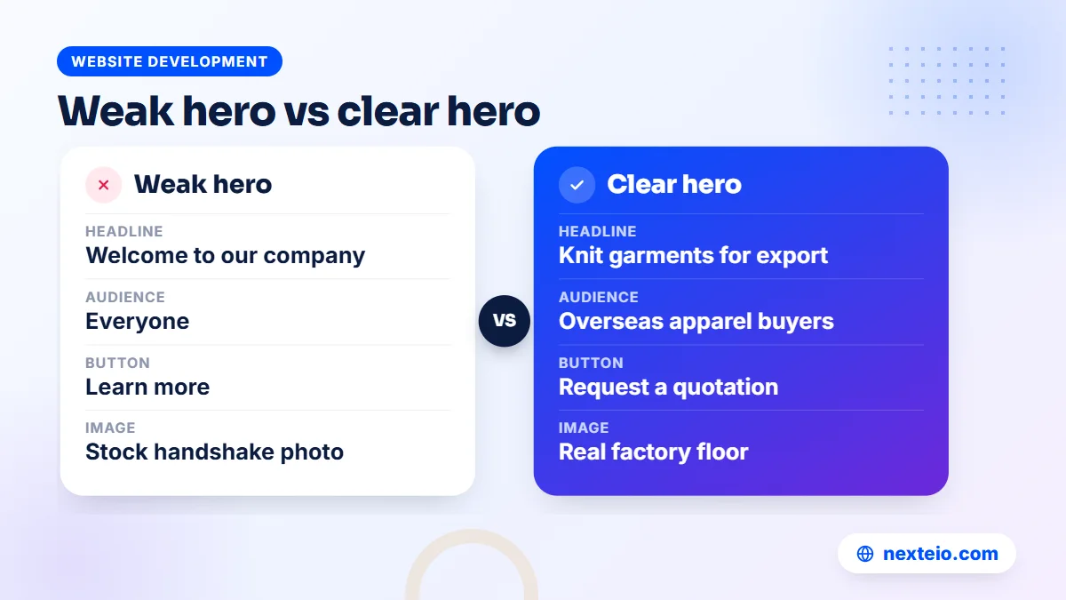 Comparison of a weak hero headline and a clear hero headline on a company homepage