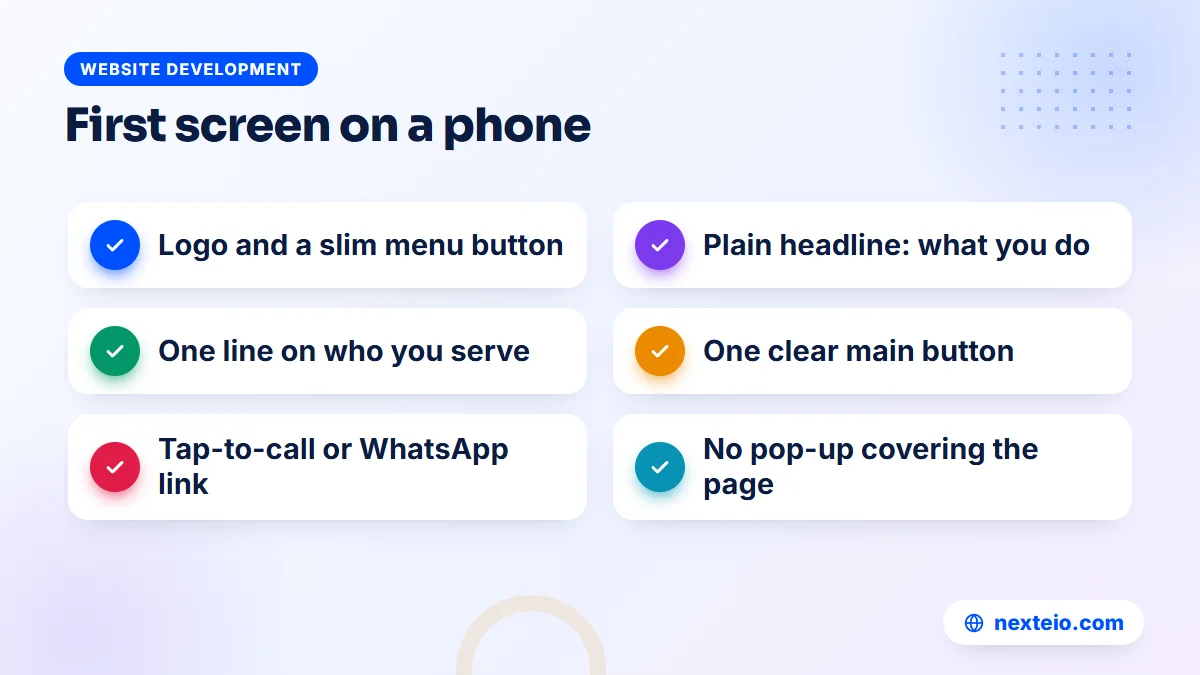 Checklist of what the first screen of a company homepage should show on a phone