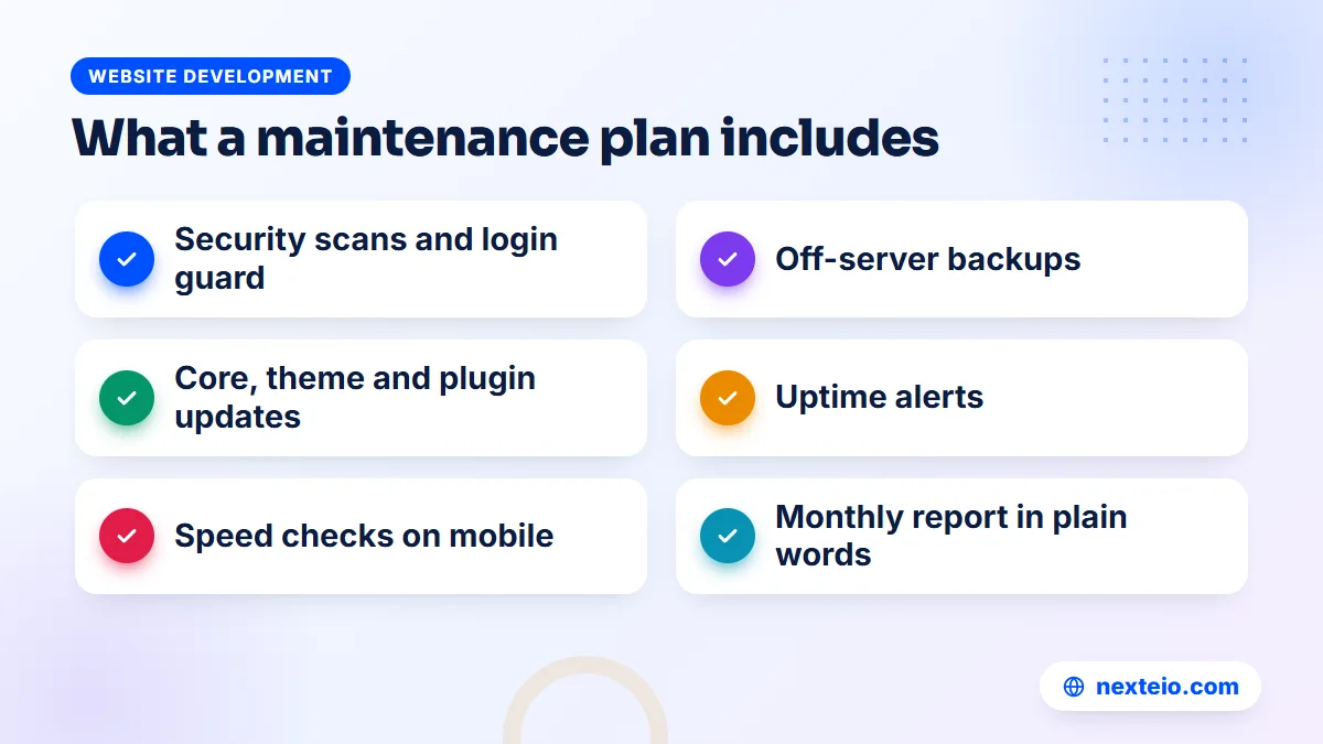 Checklist of what website maintenance services include, from security and backups to renewals and monthly reports